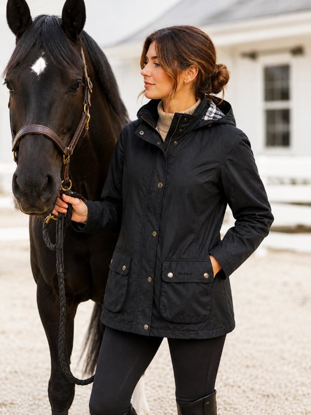 Barbour Womens Waxed Cotton Hooded Jacket Black XL Plaid Lined